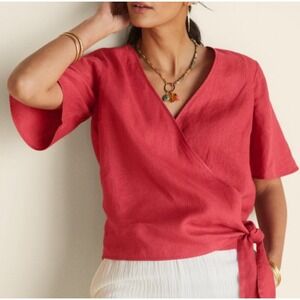 Soft Surroundings XL 100% Linen Wrap Top Red Short Sleeve Blouse Shirt Casual‎